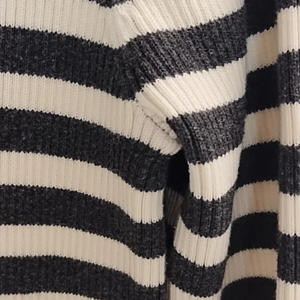 Lauren Ralph Lauren Rib Knit, Gold Button Shoulder, Gray & Cream Stripe Sweater - Picture 9 of 11
